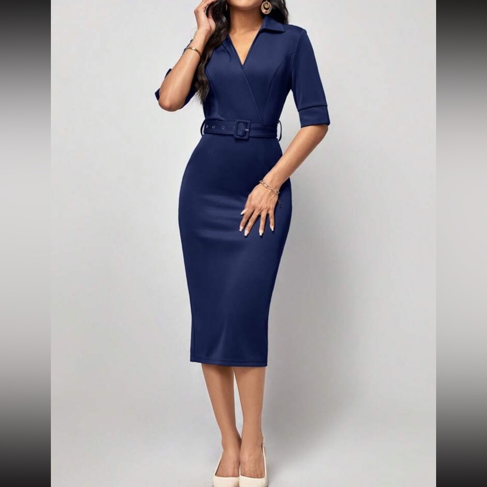 Navy Belted Midi Dress - Women Dresses Midi